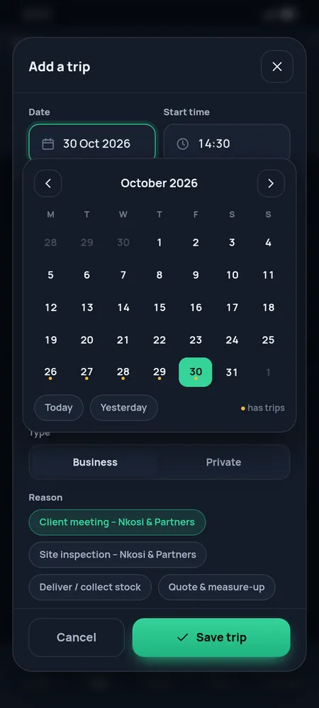 Adding a trip by hand with a date picker, places and a reason