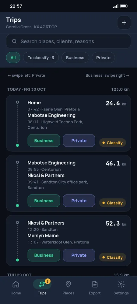 Trips list where each drive is marked business or private with a swipe or a tap