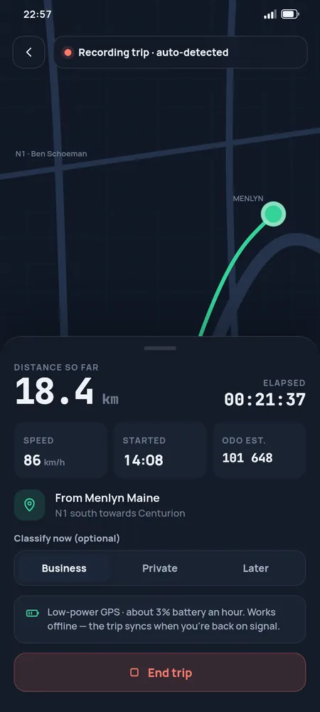 A trip being recorded automatically, with the distance, time and route on a map
