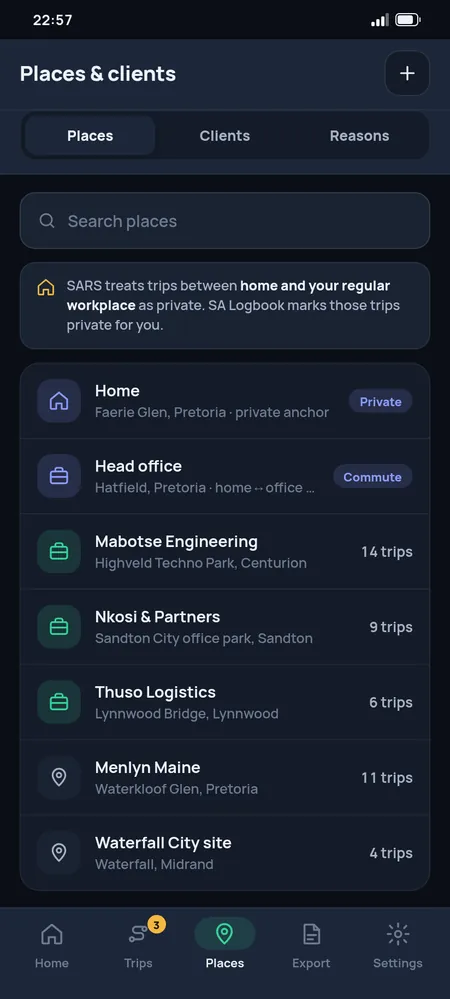 Saved places and clients with a default reason for each